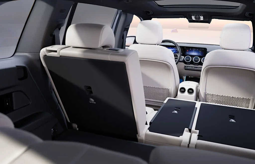 Mercedes-Benz EQB interior showing rear seating and cargo space flexibility for family trips.