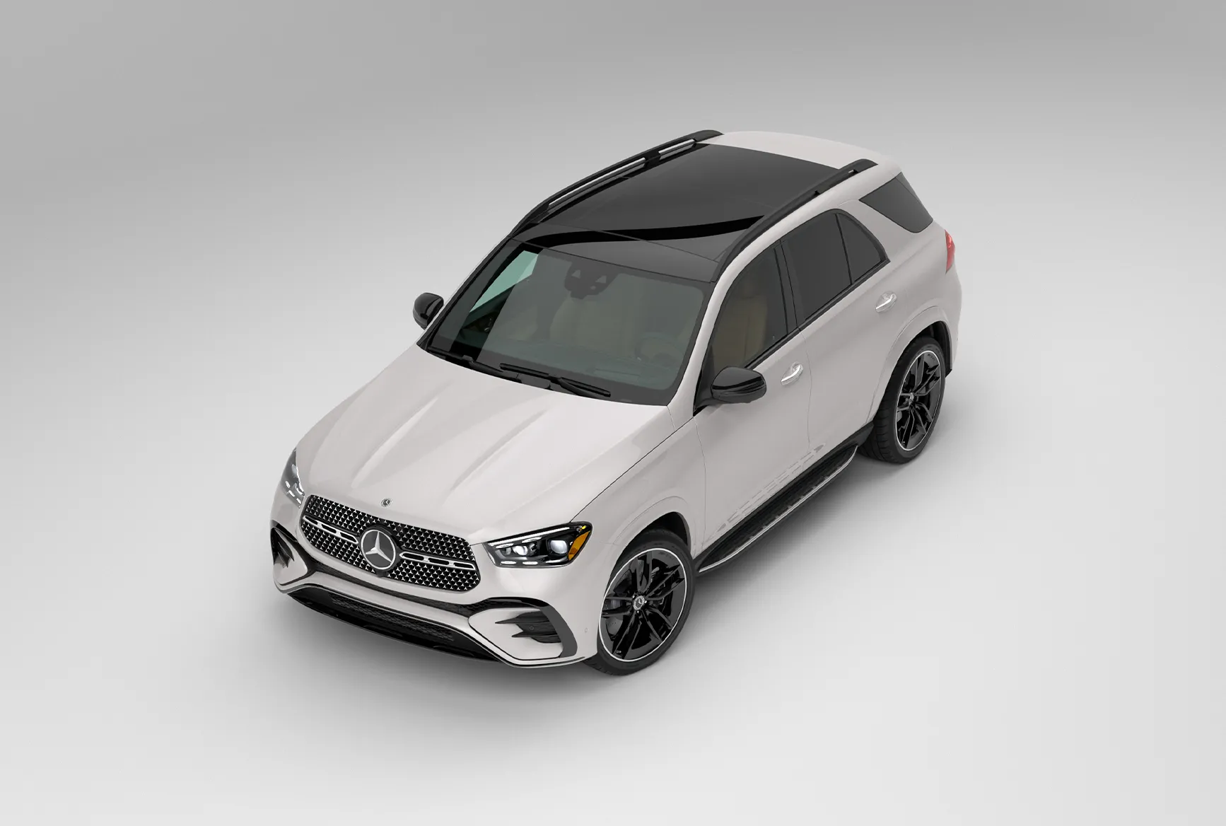 Front view of the 2026 Mercedes-Benz GLE, highlighting exterior styling compared with Audi Q7, Audi Q8, and Lexus luxury SUVs.