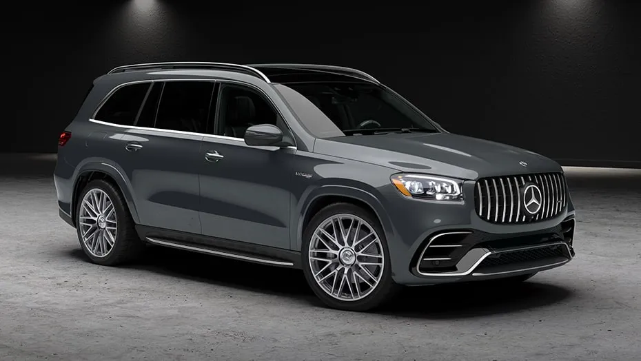 Gray Mercedes-Benz GLS SUV shown in a studio, highlighting Mercedes-Benz GLS safety features and luxury design.