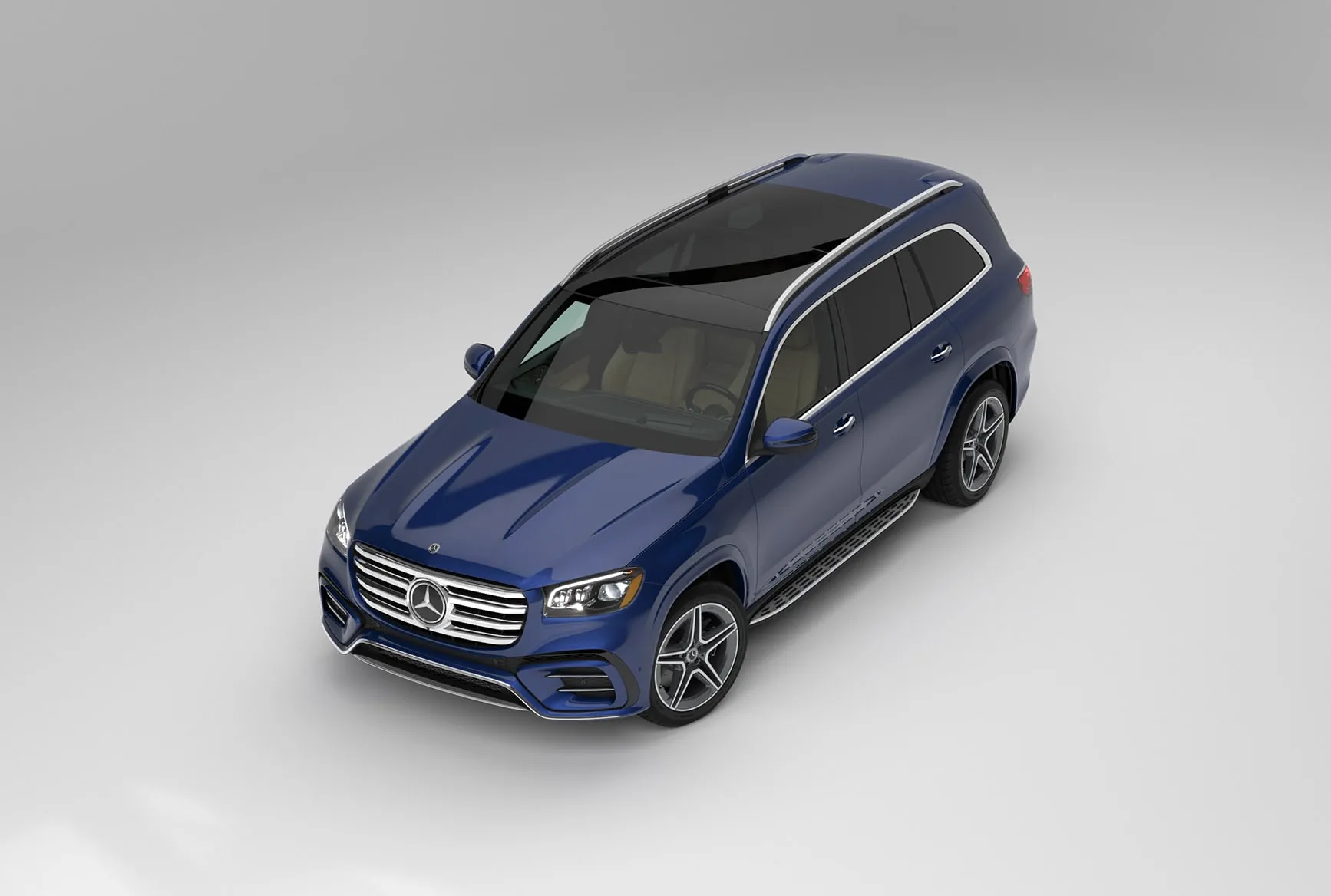 2027 Mercedes-Benz GLS S-Class of SUVs shown in blue from an overhead front angle.