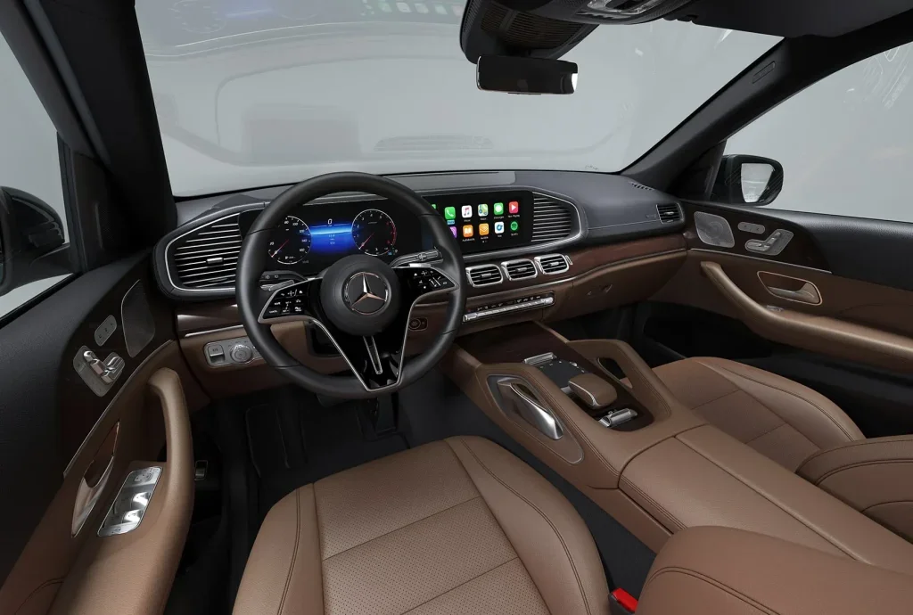 2027 Mercedes-Benz GLS cockpit with digital displays, leather seating, and luxury SUV interior design.