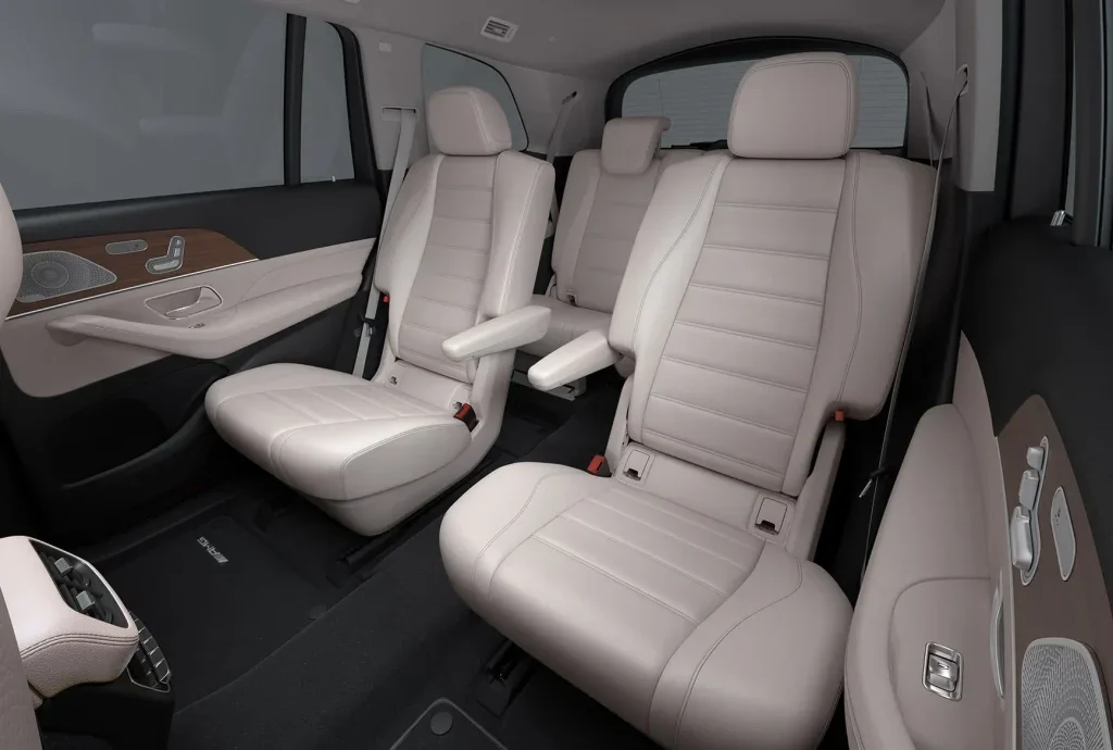 2027 Mercedes-Benz GLS interior showing luxury second-row seating in a confident S-Class SUV cabin.