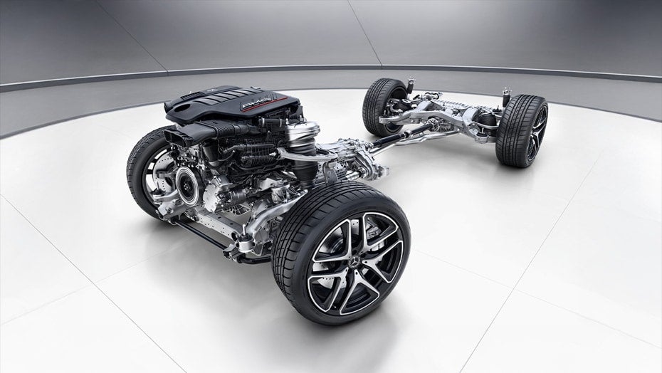 Mercedes-Benz 4MATIC® all-wheel-drive system showing the engine, drivetrain, and four wheels