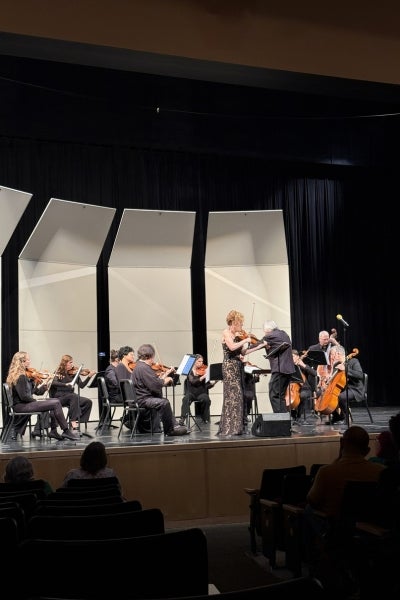 Orchestra performing on stage during a formal event.
