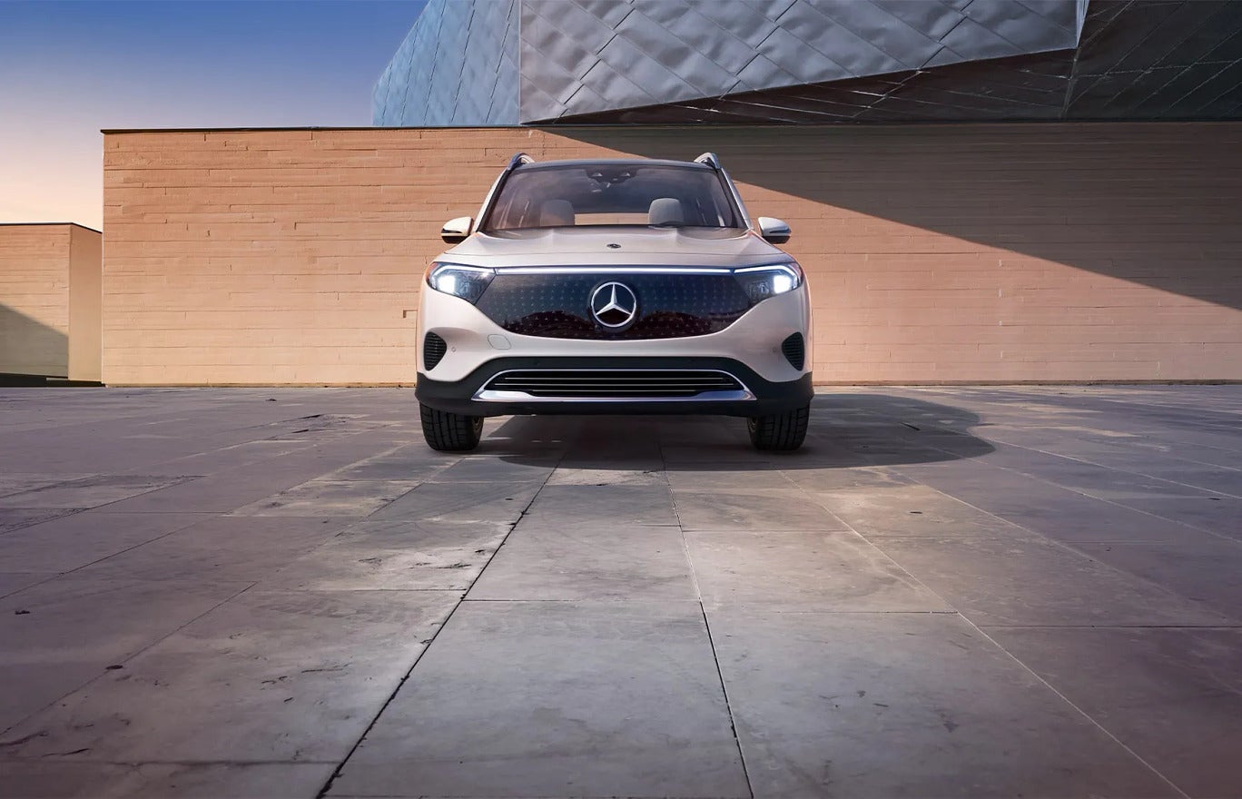 Front view of the Mercedes-Benz EQB, an electric SUV with cargo space suited for family trips.