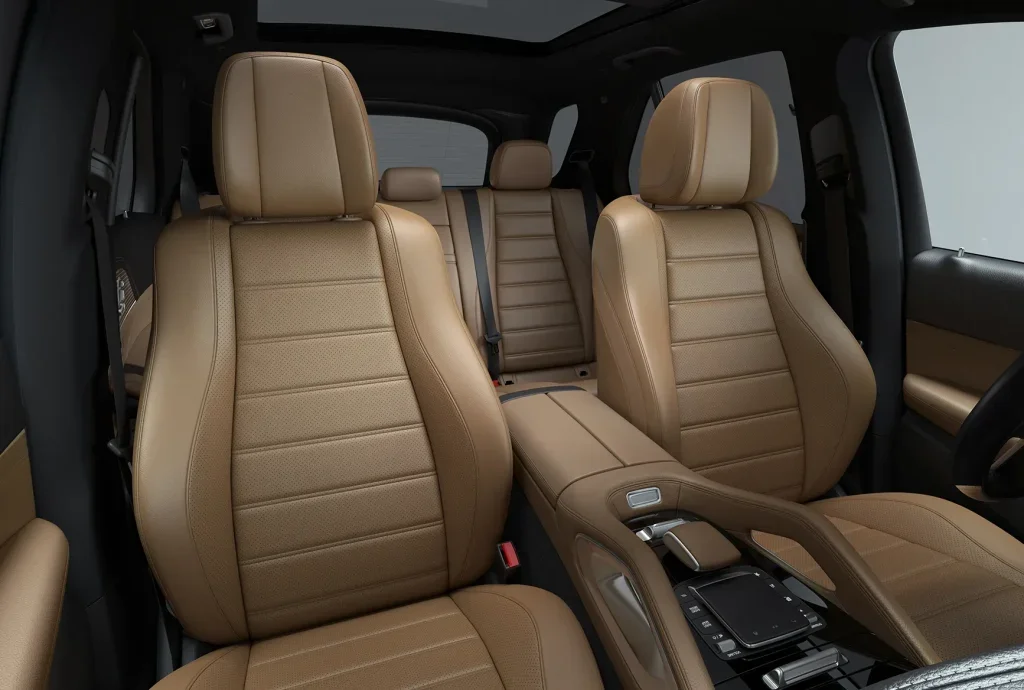 Tan leather interior seating inside the 2027 Mercedes-Benz GLE luxury SUV.
