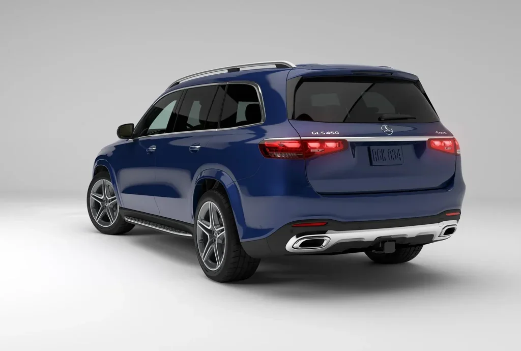 Rear view of the 2027 Mercedes-Benz GLS S-Class of SUVs with blue exterior and LED taillights.