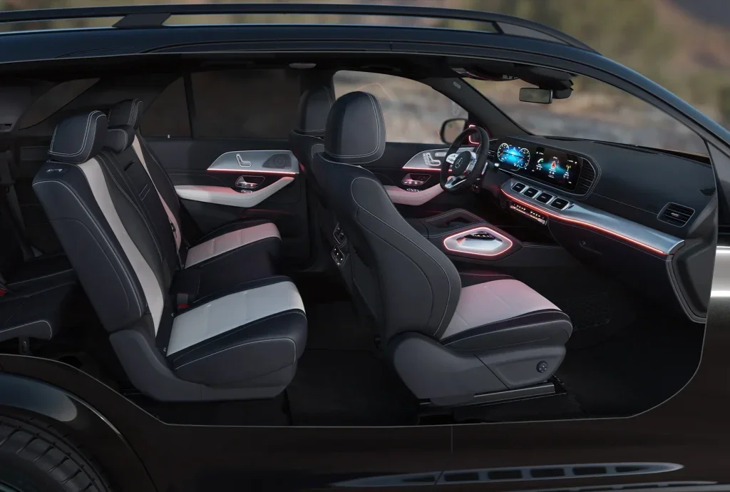 Interior view of the 2027 Mercedes-Benz GLE luxury SUV with digital displays and spacious seating.