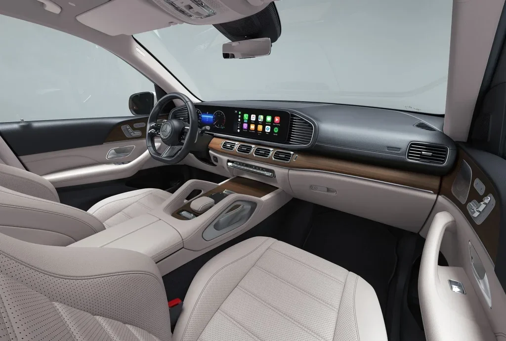 Mercedes-Benz GLS front cabin with digital displays, steering wheel, and luxury seating highlighting advanced safety features.