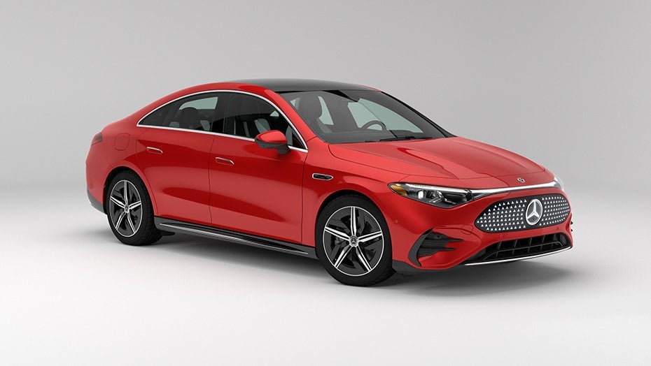 Red all-electric 2026 Mercedes-Benz CLA luxury sedan shown in a studio setting, highlighting its sleek aerodynamic profile, modern front grille, premium wheels, and elegant electric vehicle design.