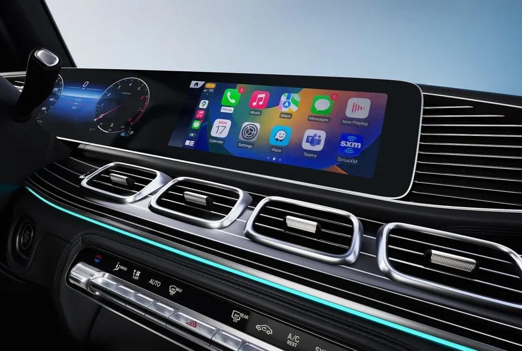 Dashboard view of the 2027 Mercedes-Benz GLE and GLS SUVs showing a widescreen infotainment display, digital gauges, and modern interior trim.