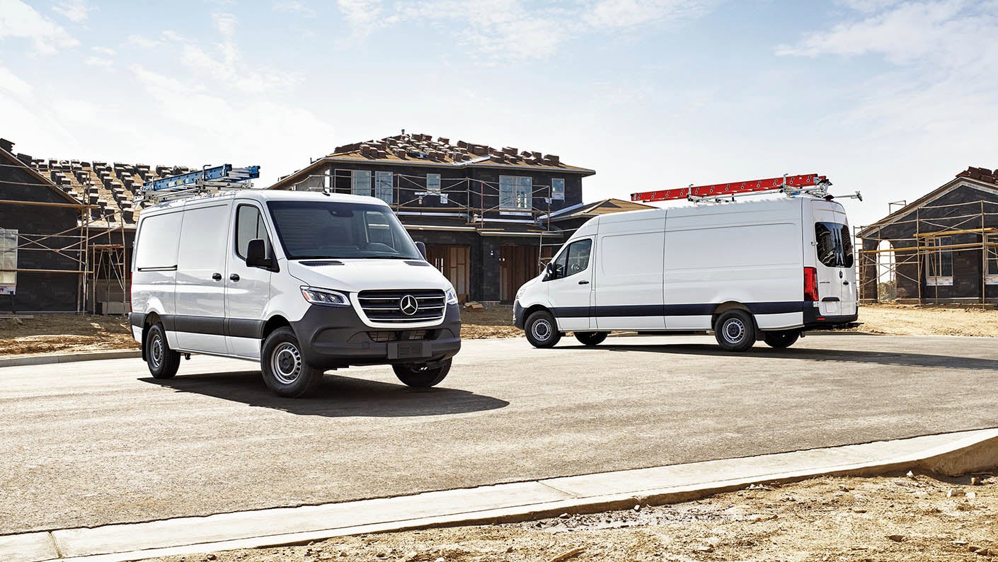 Winter service checklist for Mercedes-Benz Sprinter vans parked at a construction site before cold-weather travel
