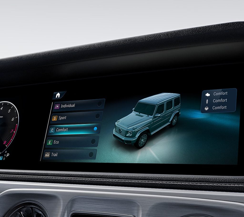 Upcoming Mini or Baby G-Wagon digital display showing comfort sport eco and trail driving modes