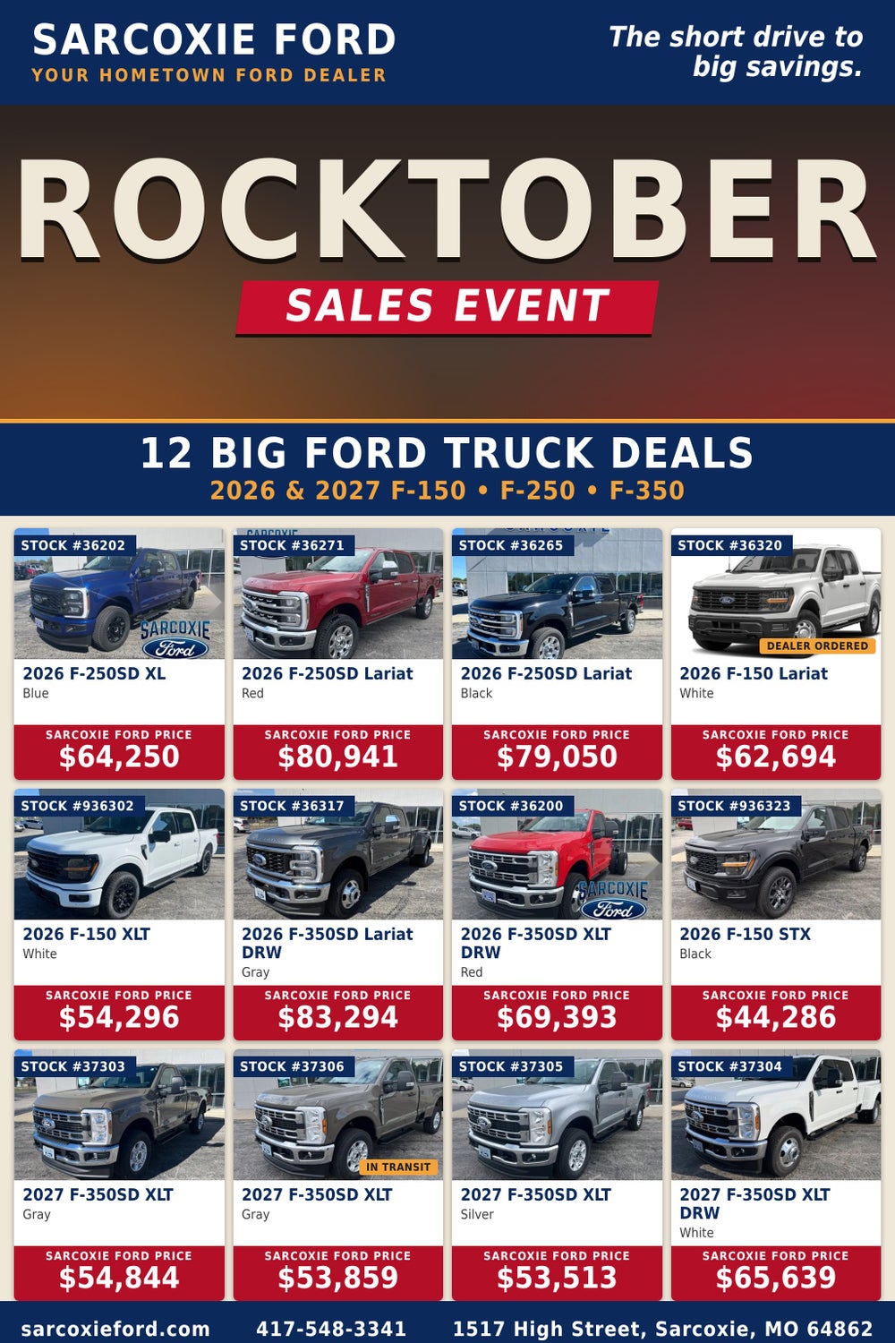 Sarcoxie Ford Rocktober Sales Event: 12 big Ford truck deals on 2026 and 2027 F-150, F-250 and F-350 trucks