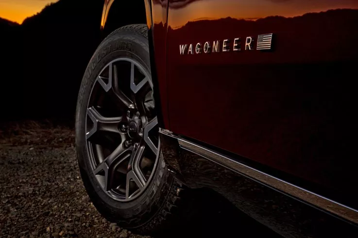 Jeep Wagoneer Wheel and American Flag Badge Close-Up