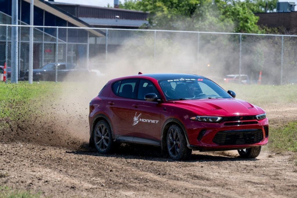 New for 2024, Dodge Hornet Rally Rides at Roadkill Nights Powered by Dodge gave attendees the chance to hop in the passenger seat for hot laps around a specially built dirt-and-pavement rally course on the M1 Concourse.