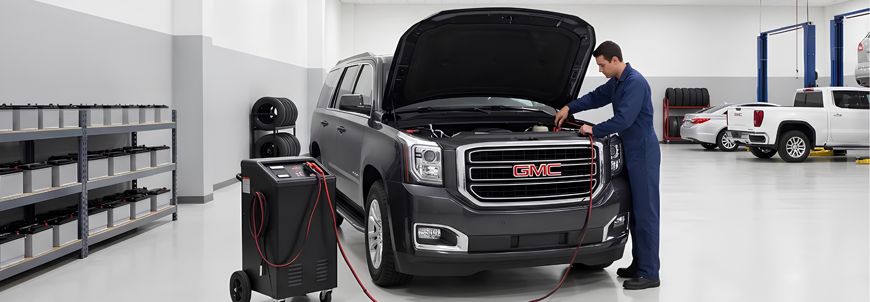 Service Technician running a battery diagnostic on a GMC