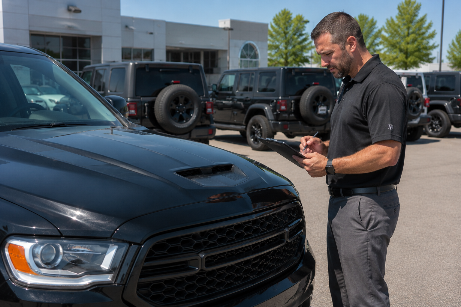 Dealership representative inspecting a Ram truck during a trade appraisal