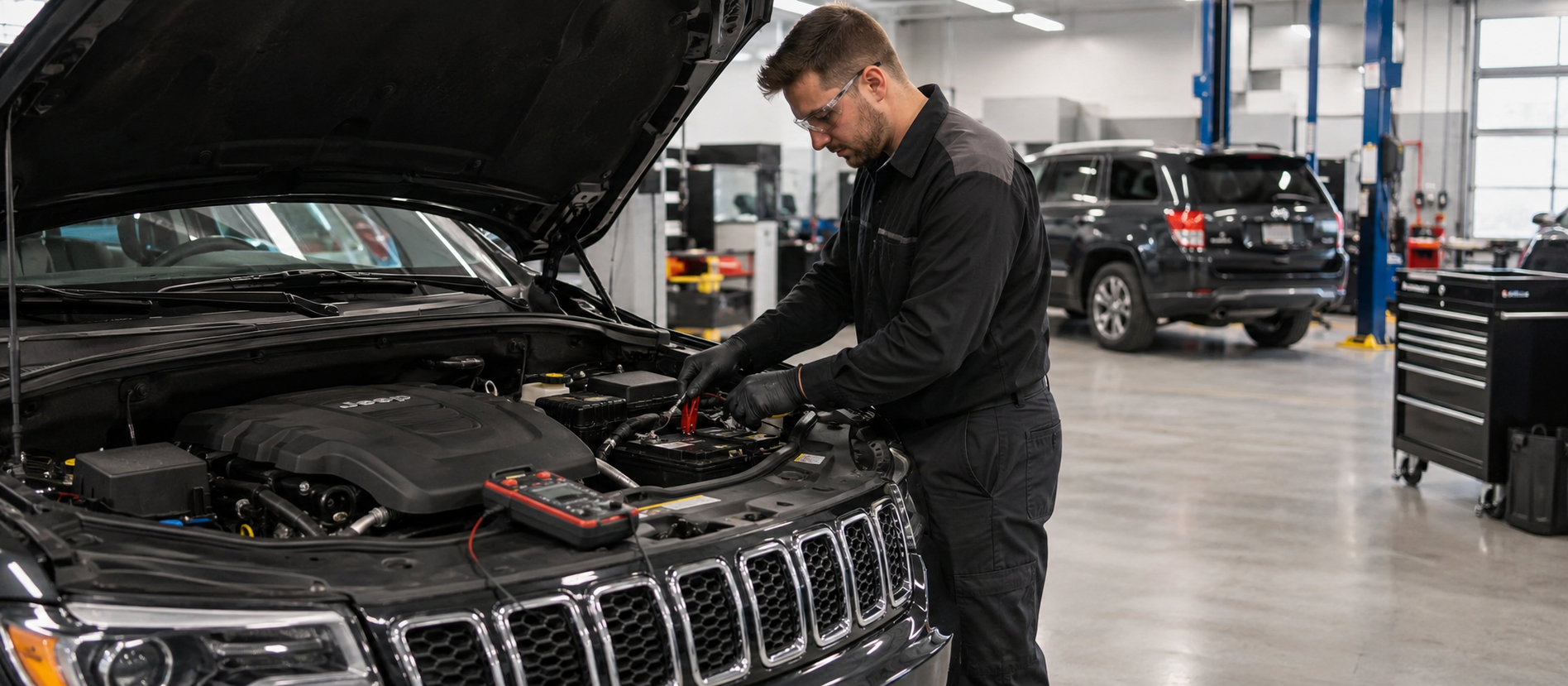 Dealership technician testing a vehicle battery inside a professional service center