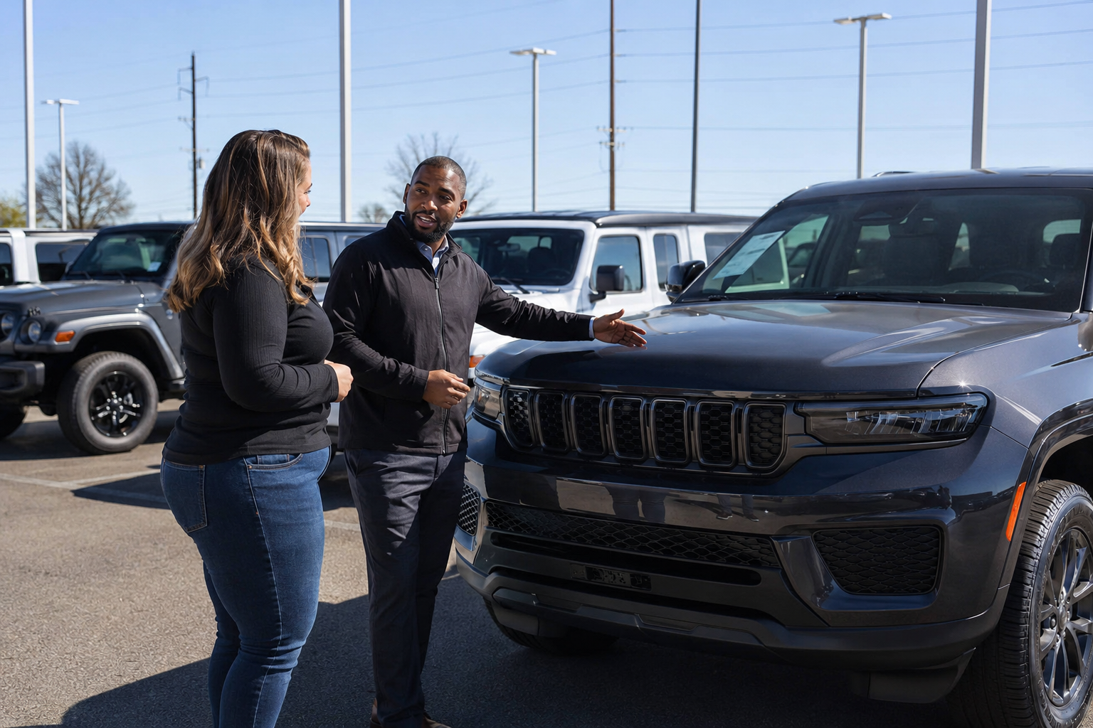 Customer viewing a Chrysler vehicle with a dealership representative after discussing a trade-in