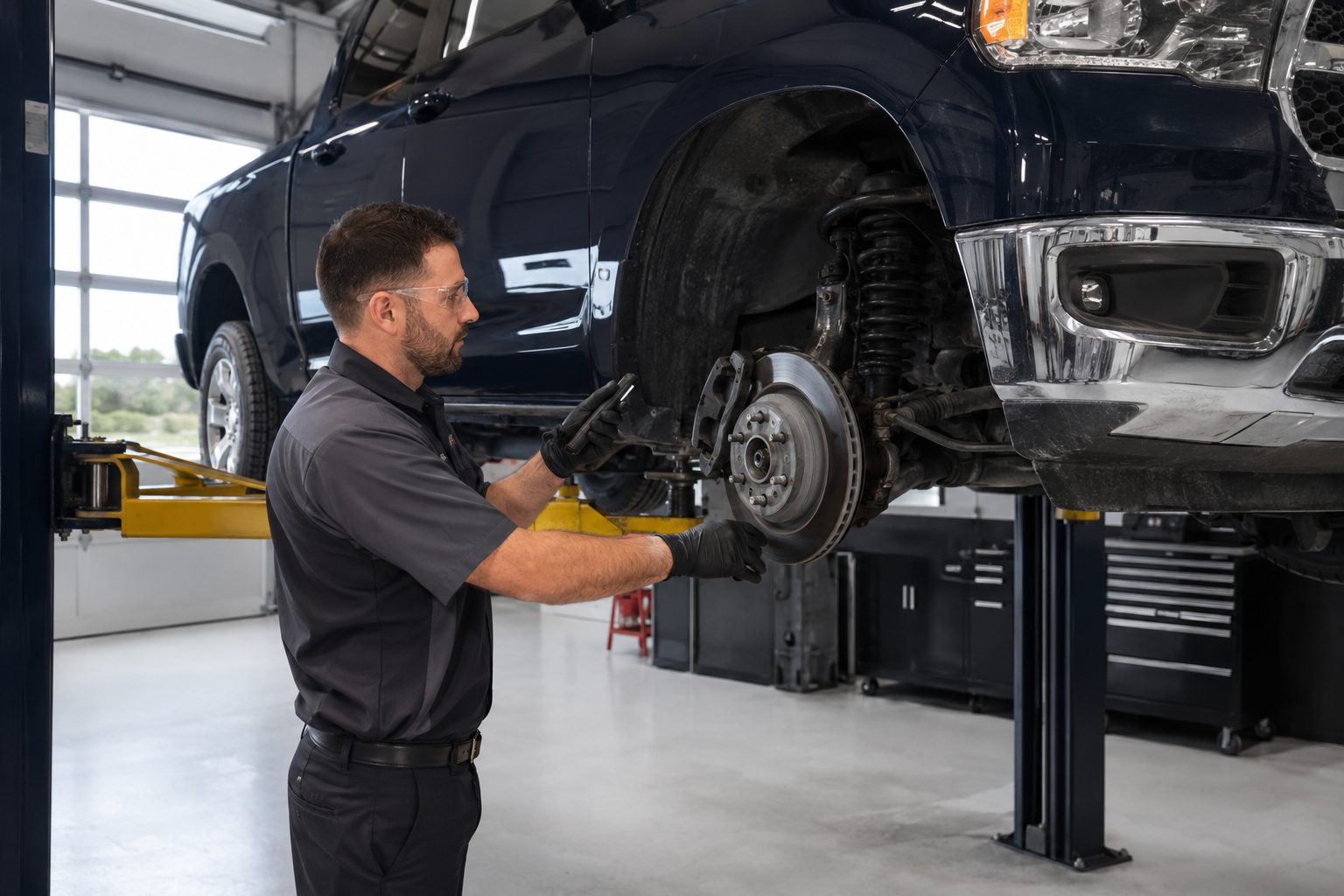 Technician inspecting vehicle brakes at a dealership service center