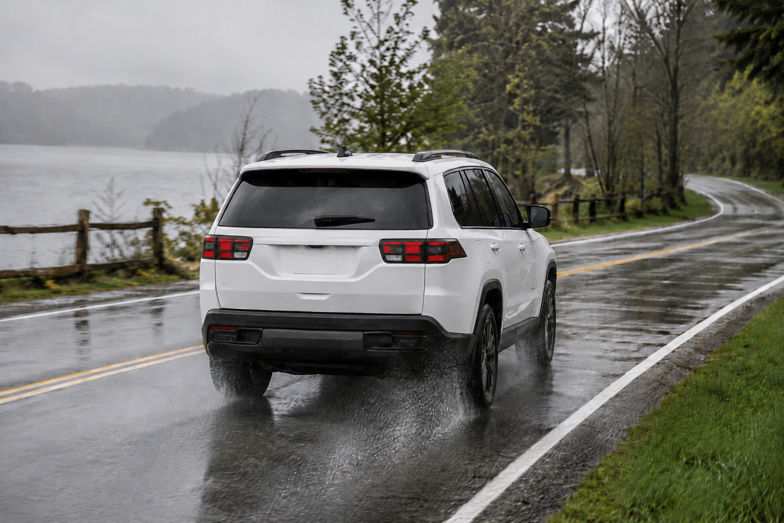 Vehicle driving on a wet Michigan road during changing fall weather