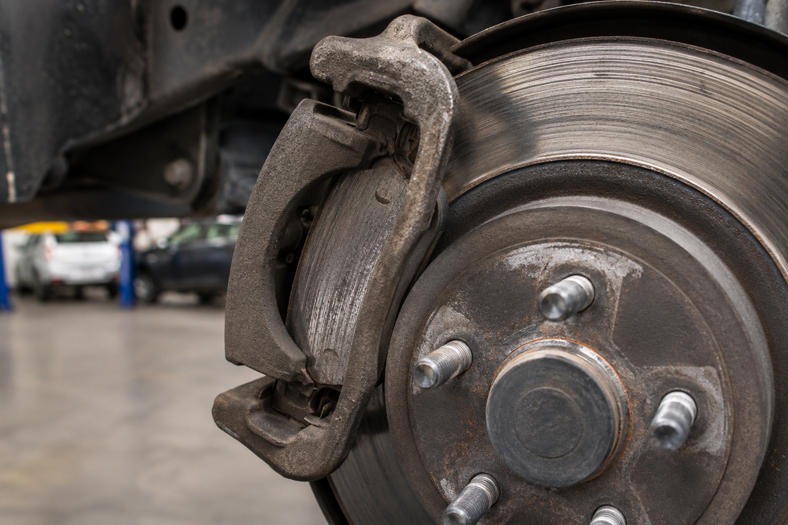 Close-up view of a vehicle brake rotor, caliper, and brake pad