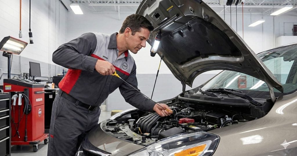 Revisión de niveles de aceite en un Nissan V-drive en el taller de Nissan Imperio Coapa. 