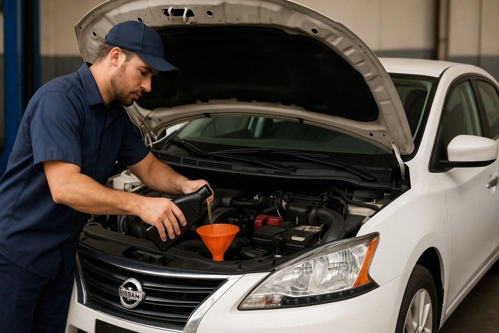 Mec谩nico revisando el aceite a un Nissan Versa en Coapa.