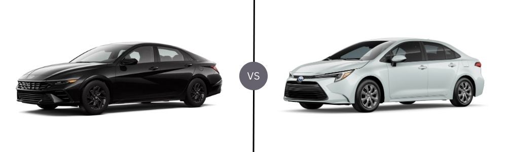 Side-by-side comparison of the 2026 Hyundai Elantra Hybrid and Toyota Corolla Hybrid, highlighting their sleek, aerodynamic designs and compact yet spacious interiors.