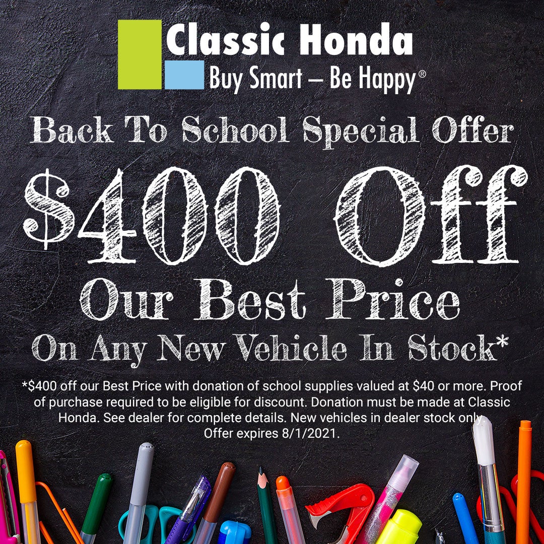 $400 off any new vehicle in stock with donation of $20 or more in school supplies