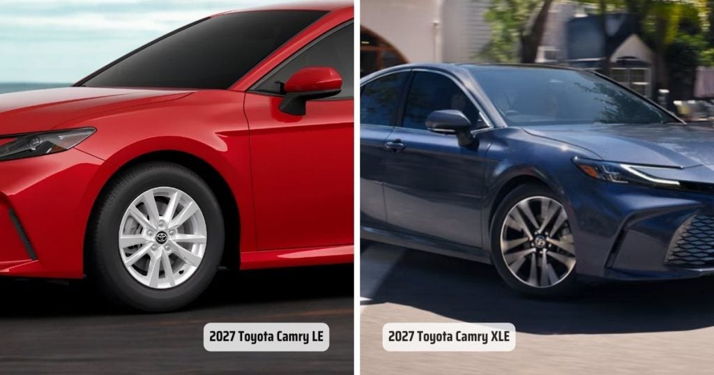 The wheels and exterior styling of the 2026 Camry LE vs XLE comparison