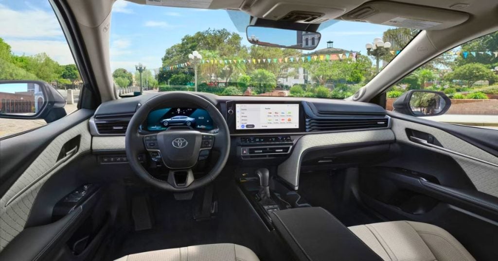 The available 12.3-inch touchscreen and 12.3-inch digital gauge cluster of the 2026 Camry XLE