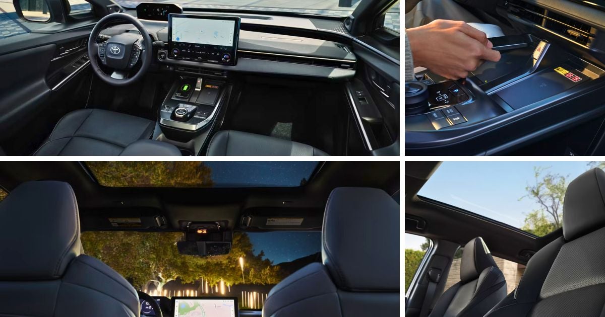 2026 Toyota bZ standard and available features: 14-inch Toyota Auto Multimedia touchscreen, dual Qi wireless chargers, panoramic moonroof, and Softex-trimmed seats