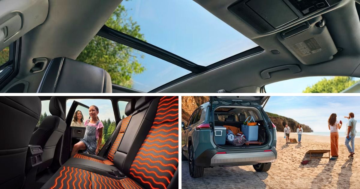The 2026 RAV4 hybrid interior features: tilt-and-slide panoramic glass roof, heated rear seats, and 37.8 cubic feet of cargo room