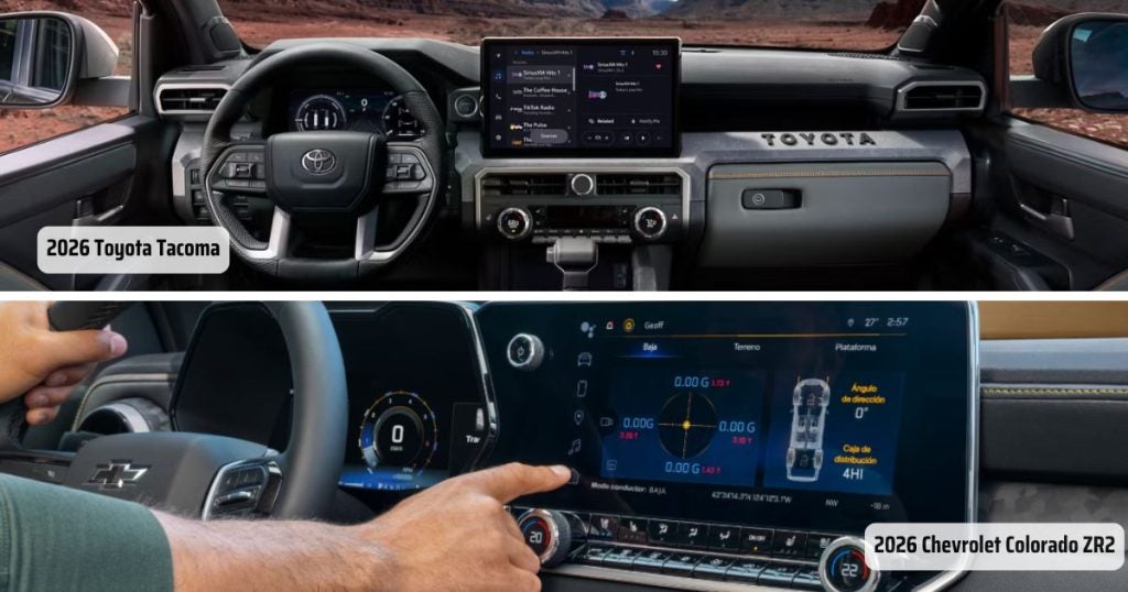 The digital touchscreens and digital gauge clusters of the 2026 Tacoma vs Colorado ZR2