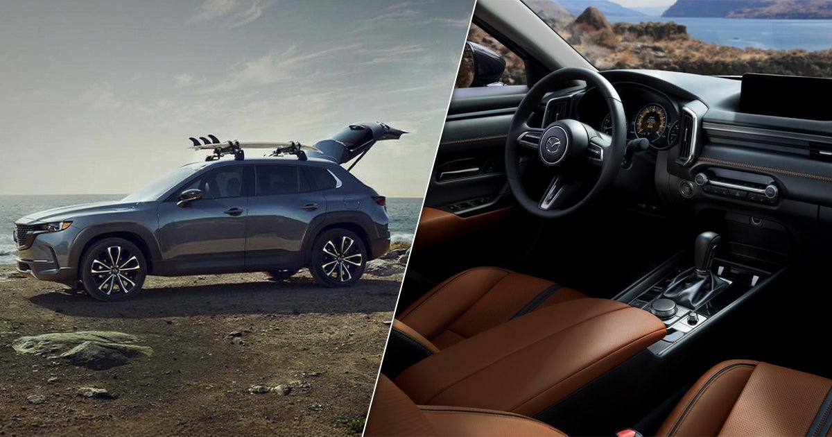 A Mazda CX-50 parked at the beach with surfboards on the roof attachment and another image of the interior of the Mazda CX-50