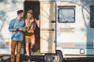 Couple walking off an RV