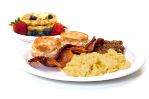 Eggs, bacon, biscuits, and waffles