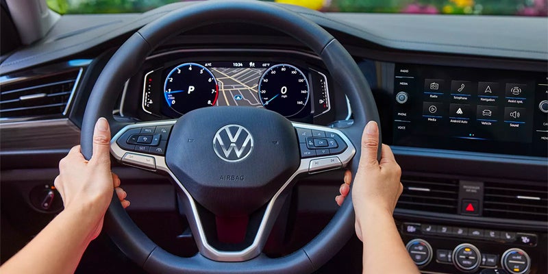 A close-up view of the 2025 Volkswagen Jetta’s steering wheel