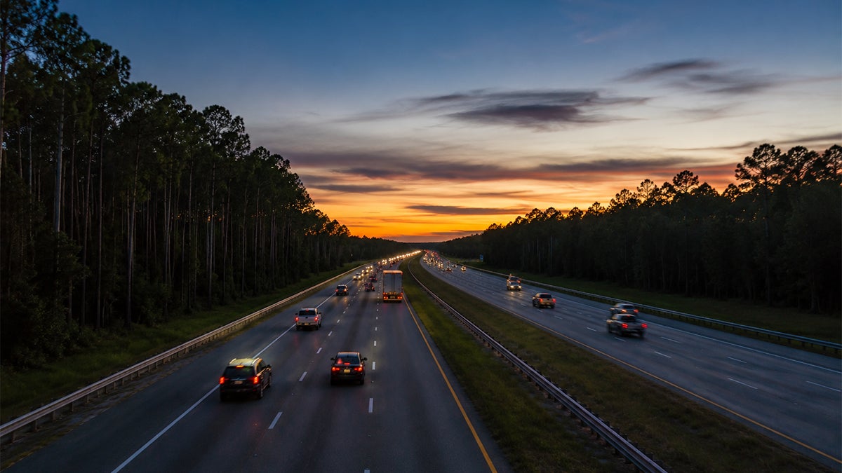 Sunset view of a highway at dusk