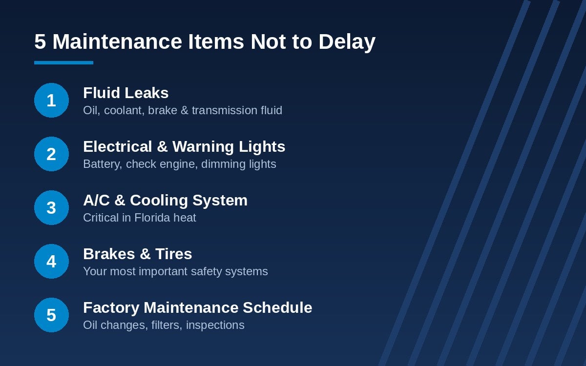 Checklist of 5 car maintenance items not to delay: fluid leaks, electrical, A/C, brakes and tires, factory maintenance schedule
