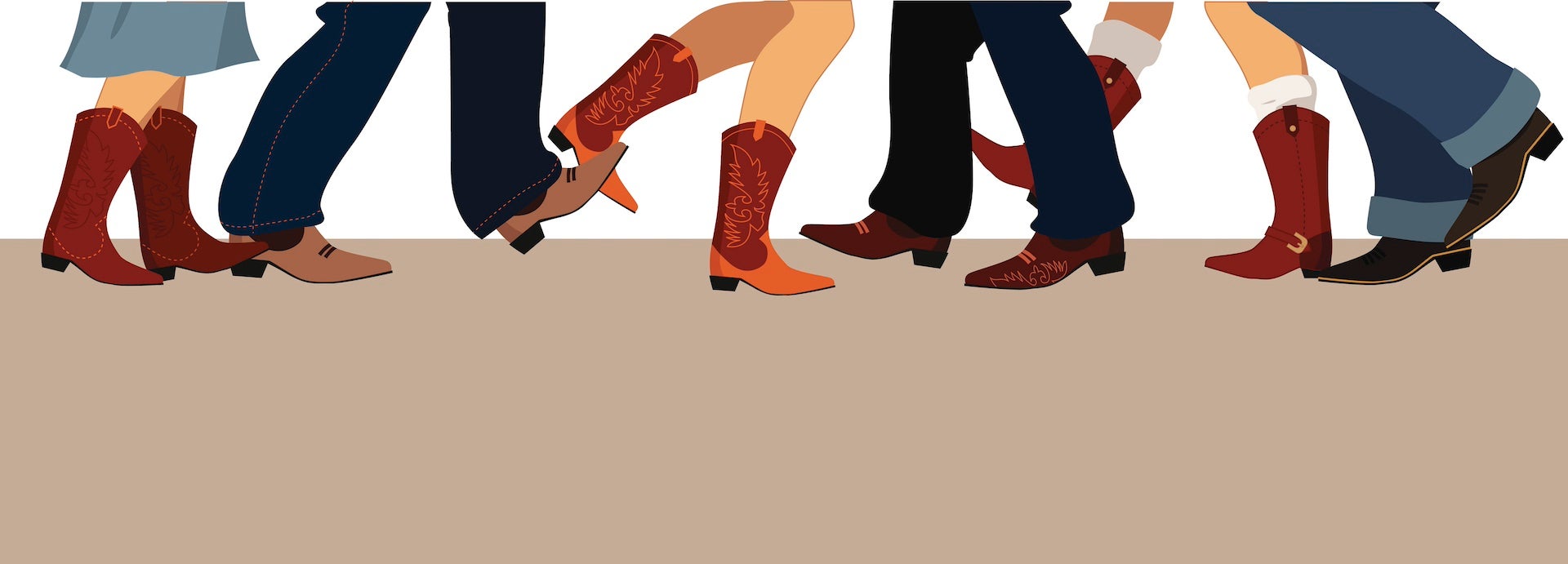 Horizontal banner with male and female legs in cowboy boots dancing country western, vector illustration, no transparencies, copy space at the bottom