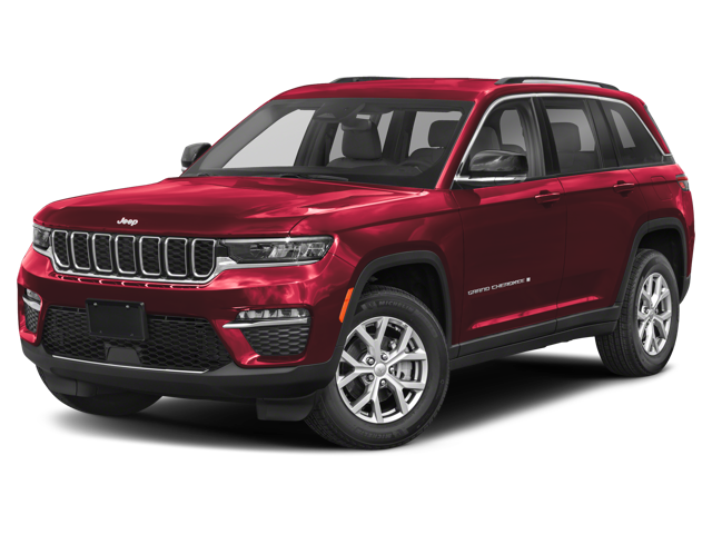 Front driver's side view of a red 2025 Jeep Grand Cherokee