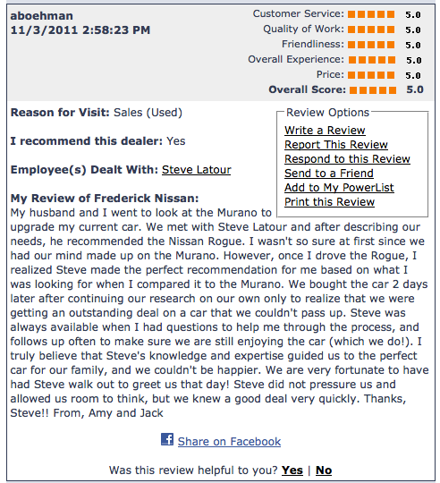 image of Frederick Nissan DealerRater Review