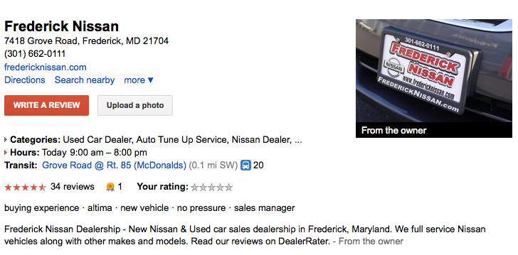 Frederick Nissan Google places page
