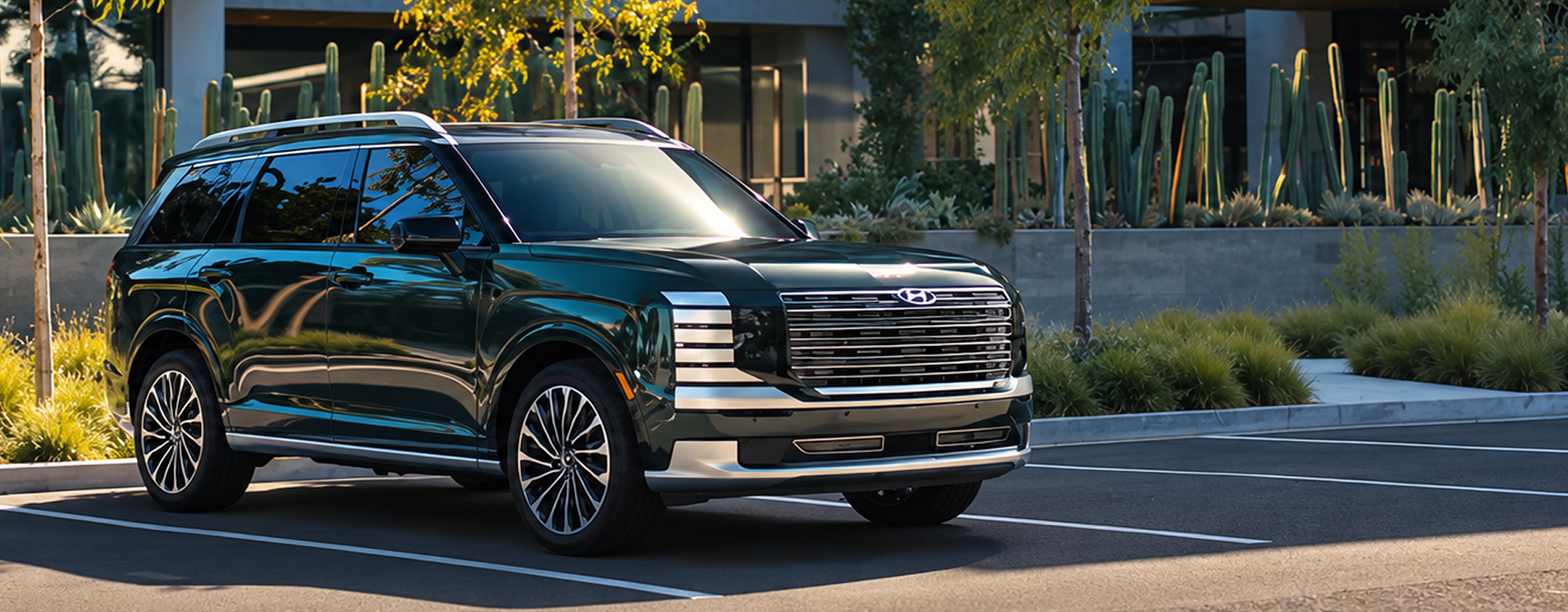 A dark green 2027 Hyundai Palisade parked in a sunny lot in front of a modern building lined with cacti