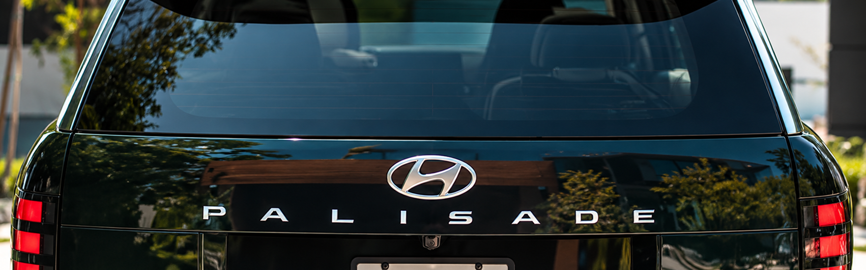 The rear liftgate of a dark green Palisade with the Hyundai logo and spaced PALISADE lettering