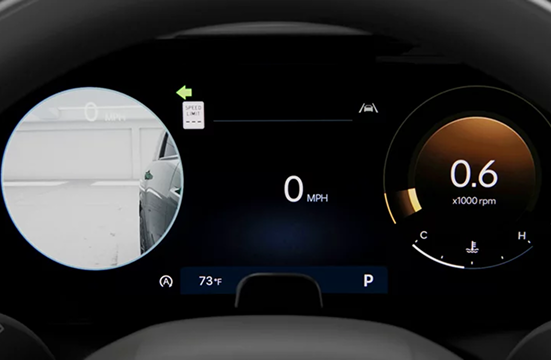 The Palisade digital gauge cluster showing a live Blind-Spot View Monitor camera feed