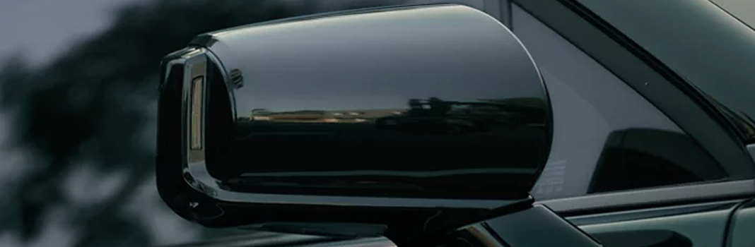 Close-up of the gloss black side mirror on a dark green Palisade